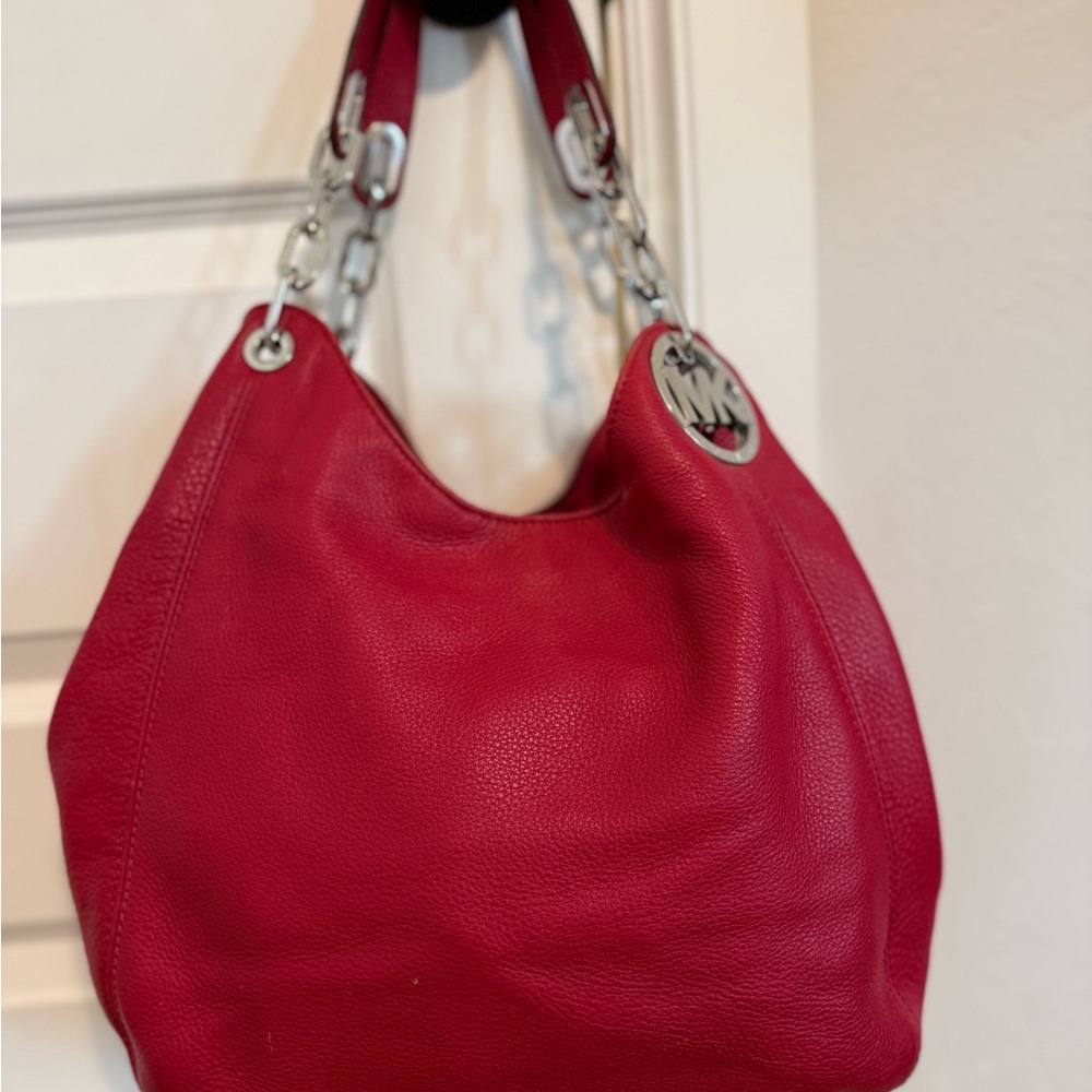 Michael Kors Red Hobo Bag with Silver Accents